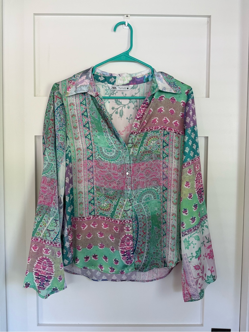 Zara Green & Pink Patchwork Button-Up Blouse
